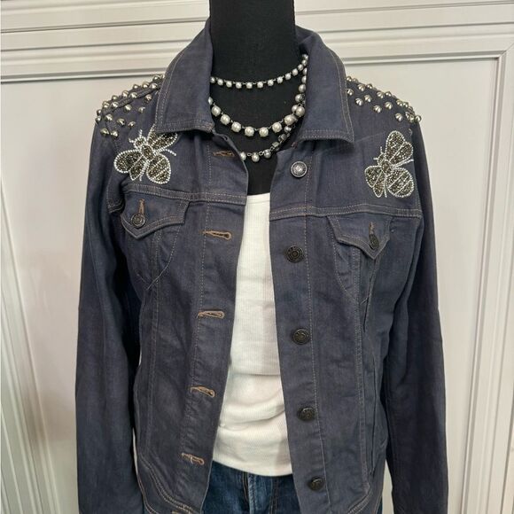 Denim Jacket Dark Gray with Sequin Bumblee Bee Patches and Studs - Picture 1 of 5